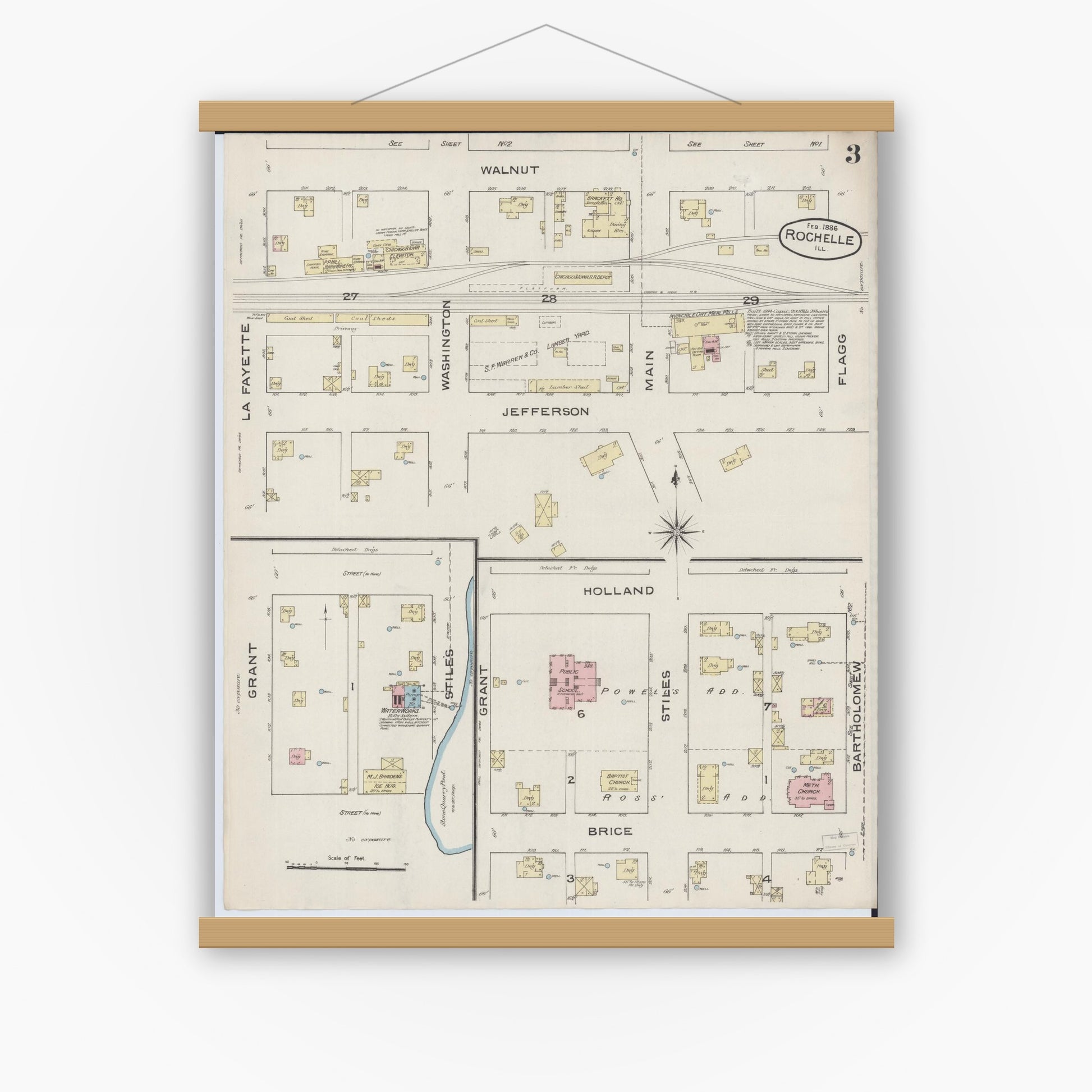 Old map wall art mockup — magnetic wood frame on white wall — Sanborn Fire Insurance Map from Rochelle, Ogle County, Illinois (1886), Sheet #0003