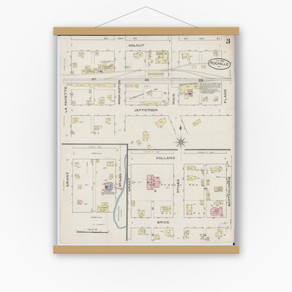 Old map wall art mockup — magnetic wood frame on white wall — Sanborn Fire Insurance Map from Rochelle, Ogle County, Illinois (1886), Sheet #0003