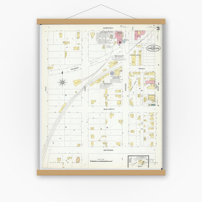 Old map wall art mockup — magnetic wood frame on white wall — Sanborn Fire Insurance Map from Lake Crystal, Blue Earth County, Minnesota (1908), Sheet #0003
