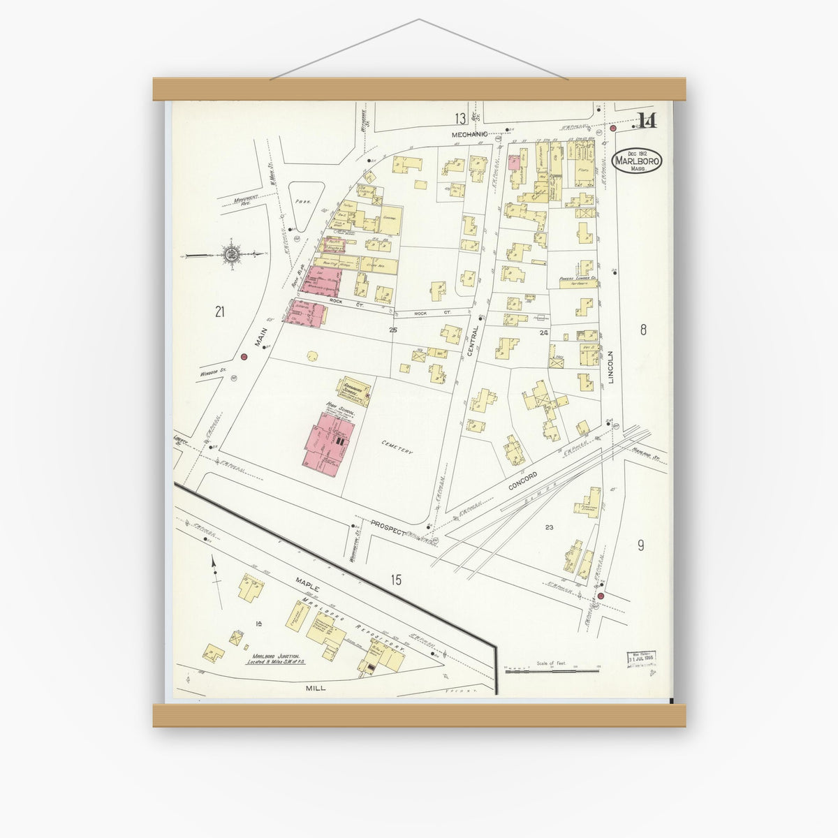 Old map wall art mockup — magnetic wood frame on white wall — Sanborn Fire Insurance Map from Marlborough, Middlesex County, Massachusetts (1912), Sheet #0014