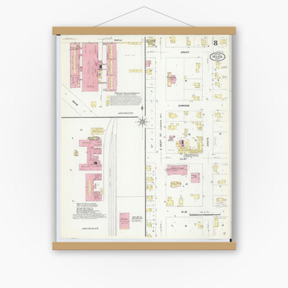 Old map wall art mockup — magnetic wood frame on white wall — Sanborn Fire Insurance Map from Niles, Berrien County, Michigan (1907), Sheet #0008
