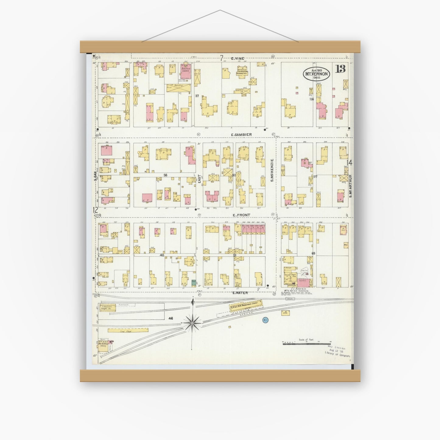 Old map wall art mockup — magnetic wood frame on white wall — Sanborn Fire Insurance Map from Mount Vernon, Knox County, Ohio (1903), Sheet #0013