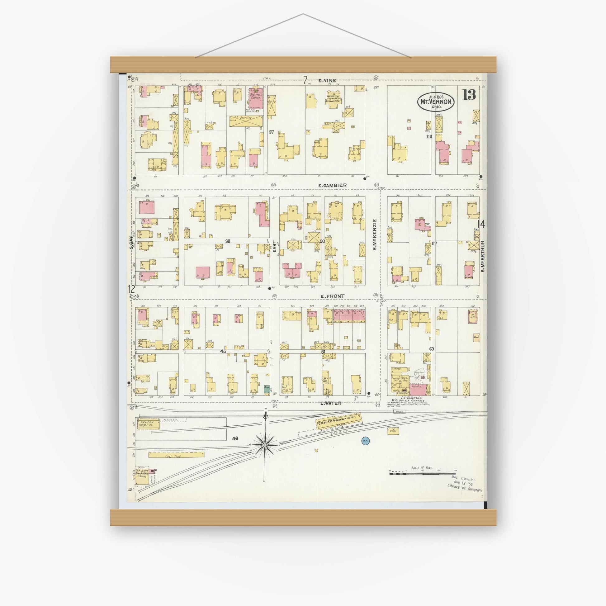 Old map wall art mockup — magnetic wood frame on white wall — Sanborn Fire Insurance Map from Mount Vernon, Knox County, Ohio (1903), Sheet #0013