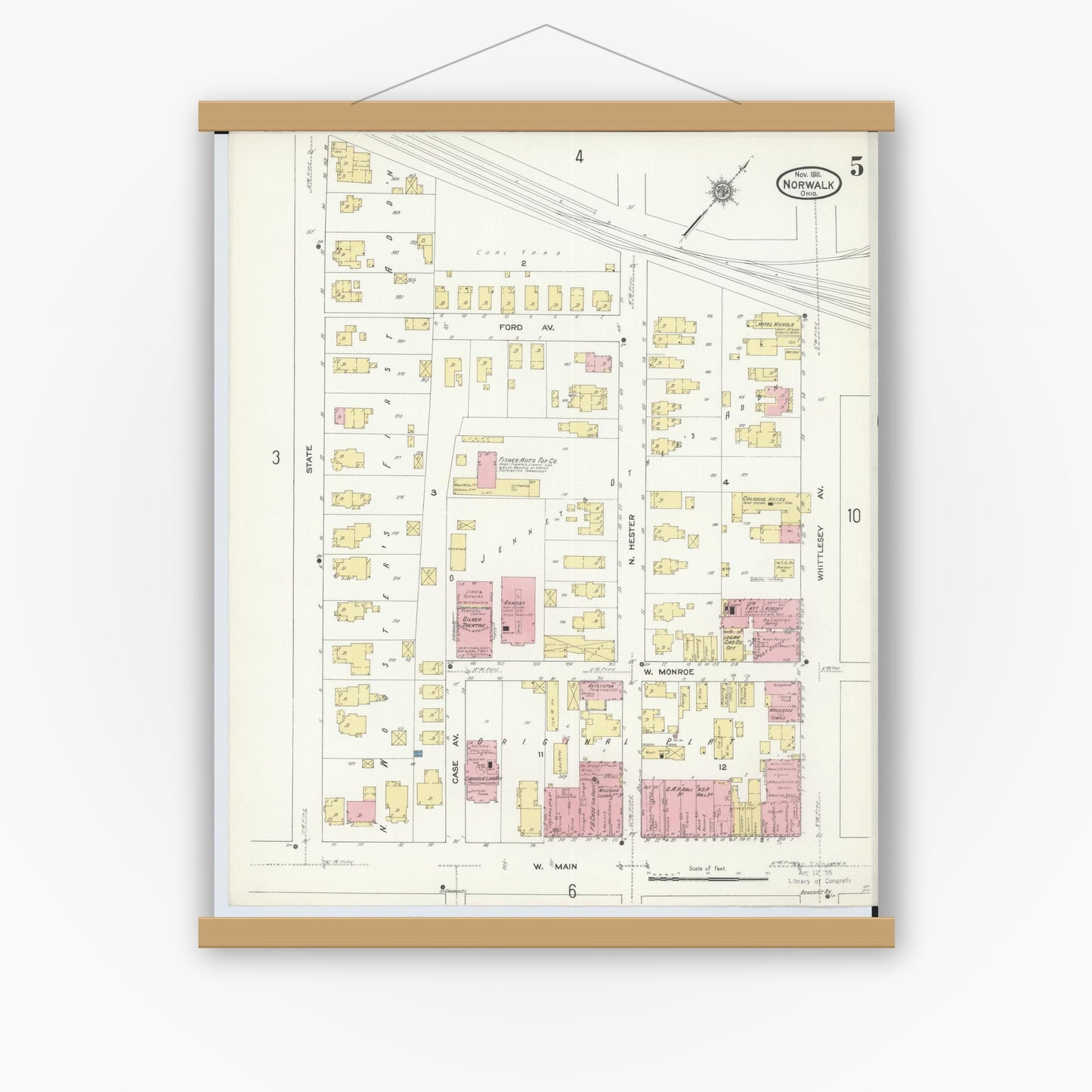 Old map wall art mockup — magnetic wood frame on white wall — Sanborn Fire Insurance Map from Norwalk, Huron County, Ohio (1911), Sheet #0005