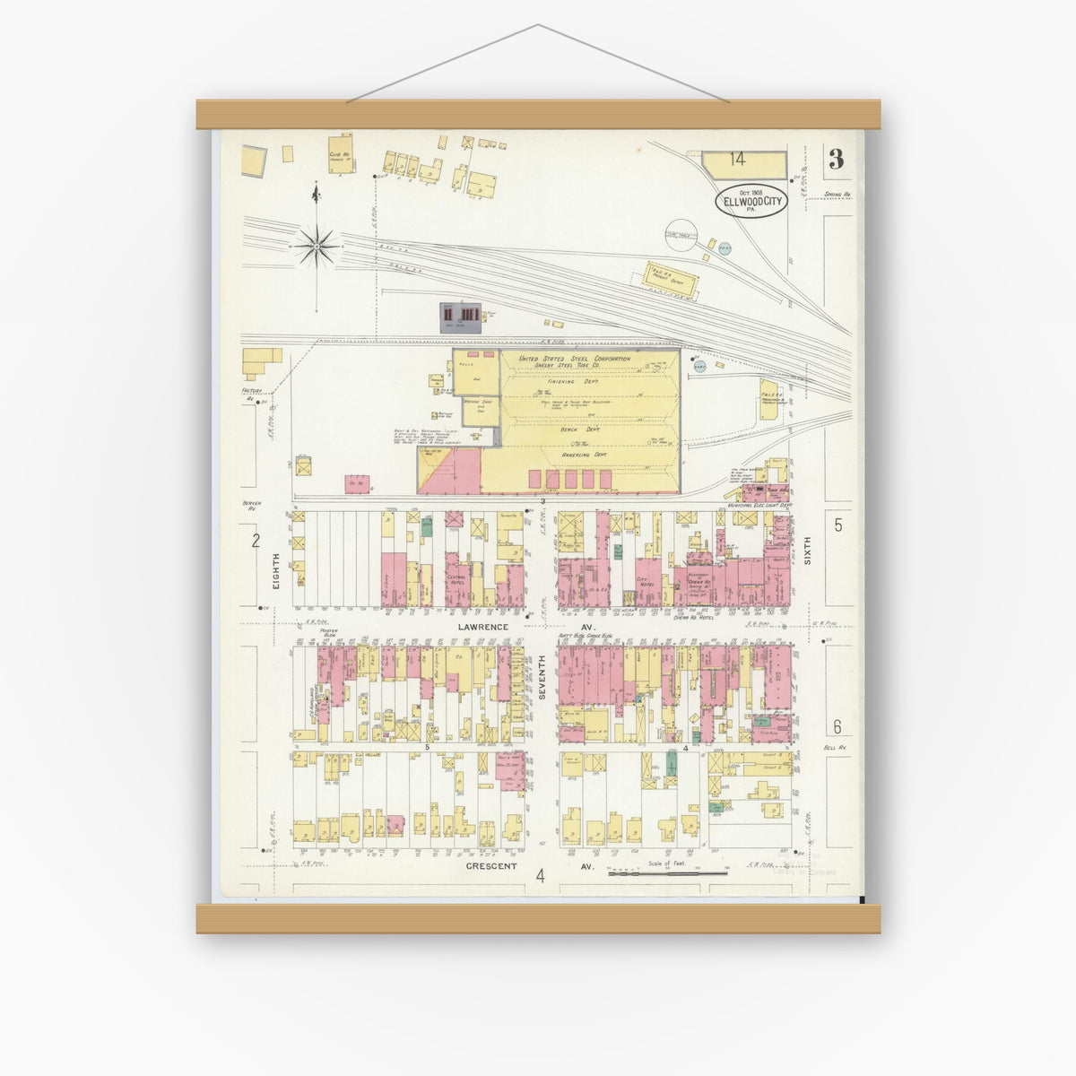Old map wall art mockup — magnetic wood frame on white wall — Sanborn Fire Insurance Map from Ellwood City, Lawrence County, Pennsylvania (1908), Sheet #0003