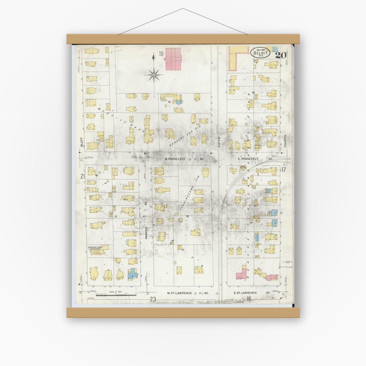 Old map wall art mockup — magnetic wood frame on white wall — Sanborn Fire Insurance Map from Beloit, Rock County, Wisconsin (1908), Sheet #0020