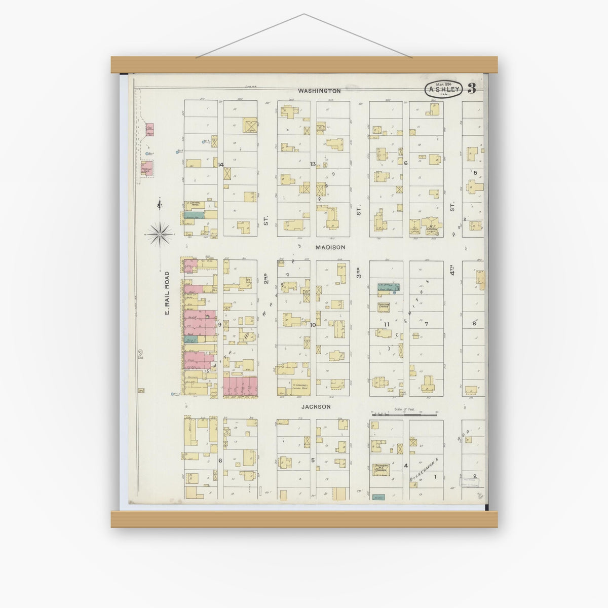 Old map wall art mockup — magnetic wood frame on white wall — Sanborn Fire Insurance Map from Ashley, Washington County, Illinois (1894), Sheet #0003
