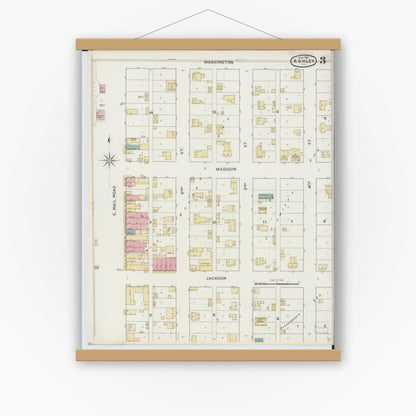 Old map wall art mockup — magnetic wood frame on white wall — Sanborn Fire Insurance Map from Ashley, Washington County, Illinois (1894), Sheet #0003
