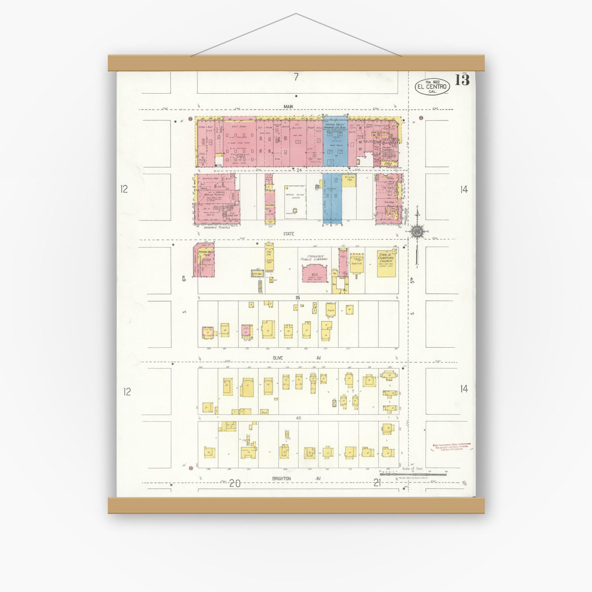 Old map wall art mockup — magnetic wood frame on white wall — Sanborn Fire Insurance Map from El Centro, Imperial County, California (1922), Sheet #0013