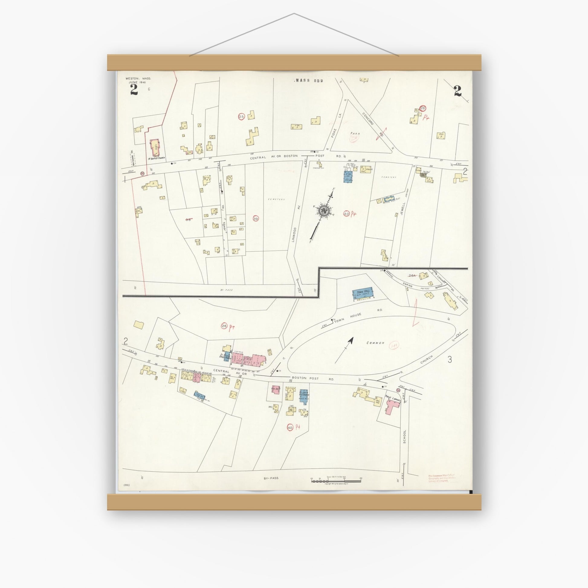 Old map wall art mockup — magnetic wood frame on white wall — Sanborn Fire Insurance Map from Weston, Middlesex County, Massachusetts (1941), Sheet #0002
