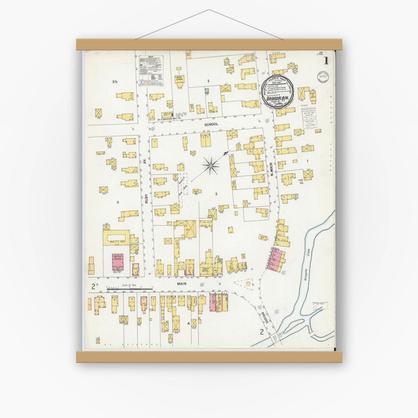 Old map wall art mockup — magnetic wood frame on white wall — Sanborn Fire Insurance Map from Broadalbin, Fulton County, New York (1900) - Complete Map Set