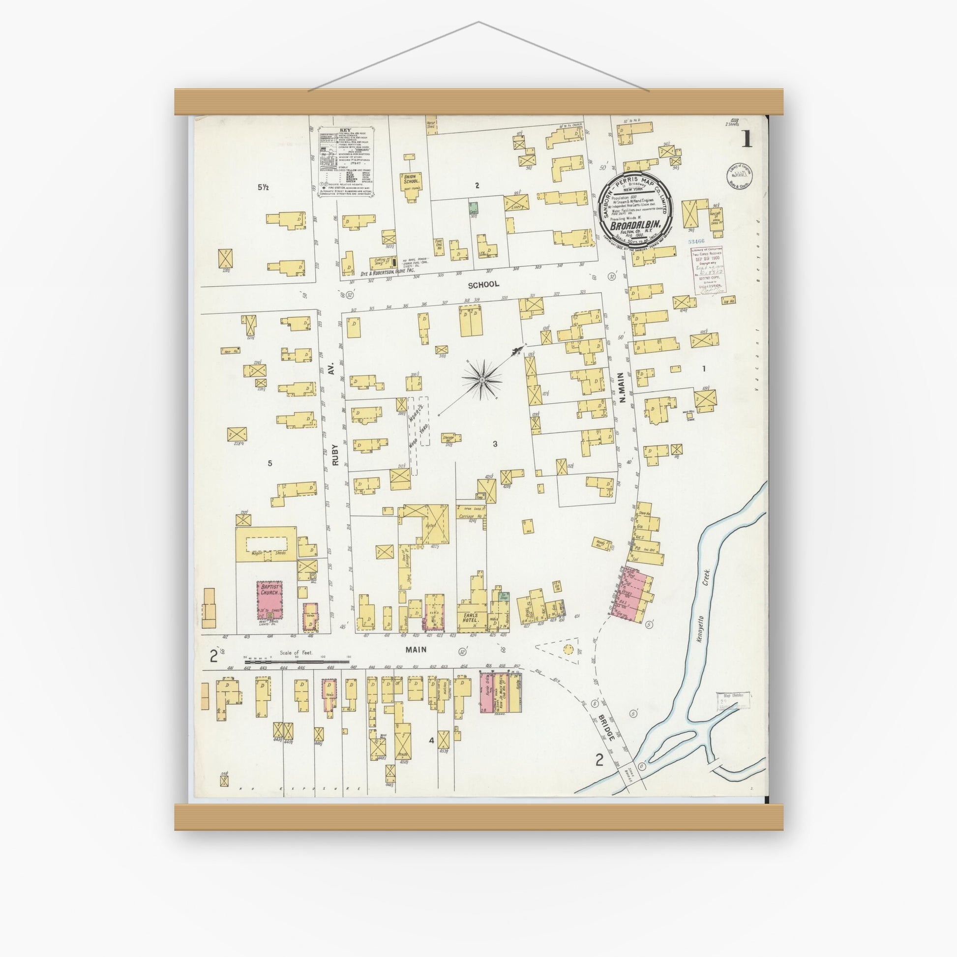 Old map wall art mockup — magnetic wood frame on white wall — Sanborn Fire Insurance Map from Broadalbin, Fulton County, New York (1900) - Complete Map Set
