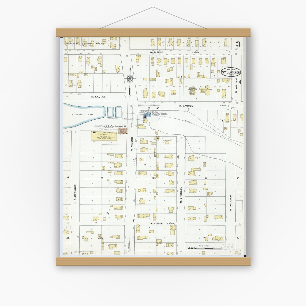 Old map wall art mockup — magnetic wood frame on white wall — Sanborn Fire Insurance Map from Stillwater, Washington County, Minnesota (1910), Sheet #0003