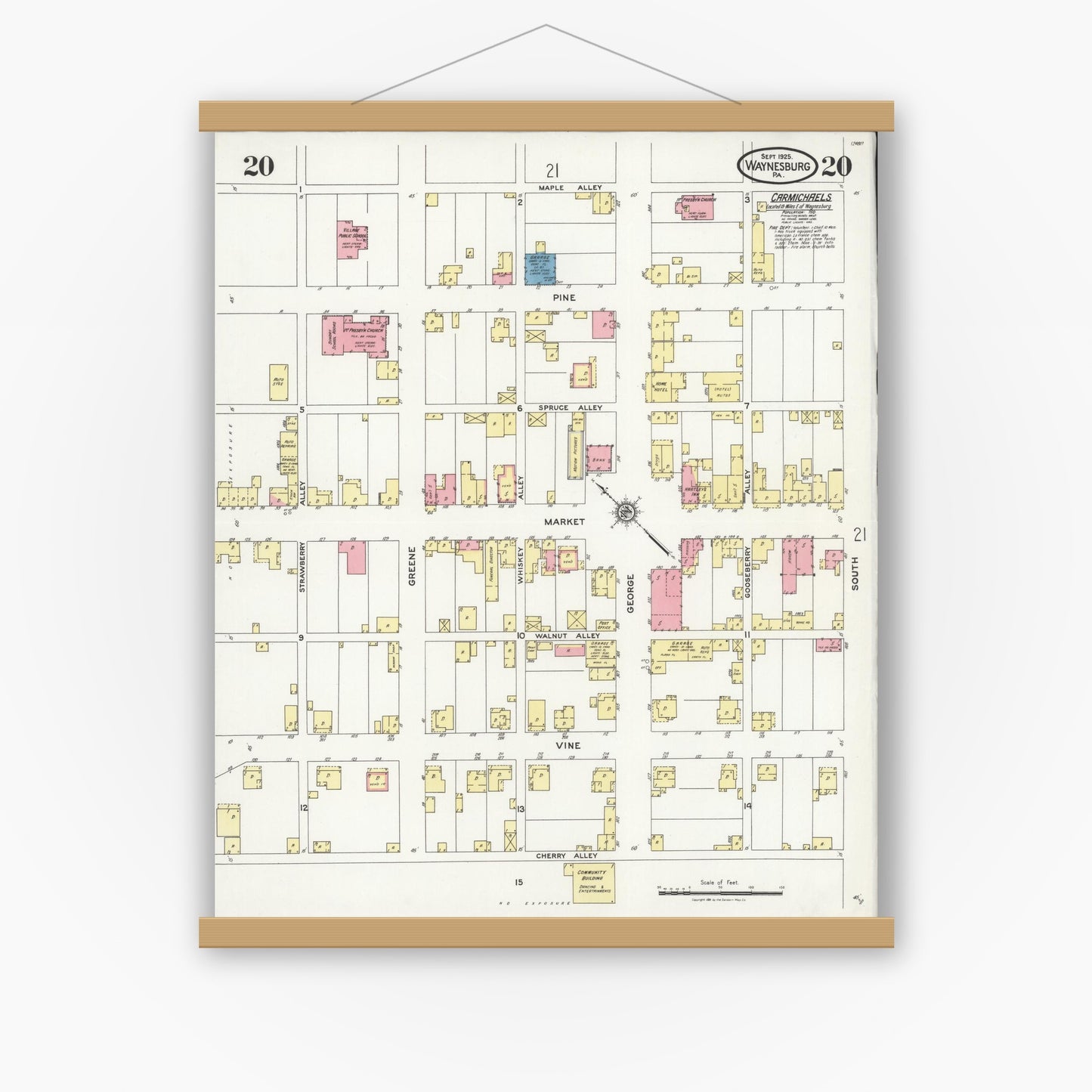 Old map wall art mockup — magnetic wood frame on white wall — Sanborn Fire Insurance Map from Waynesburg, Greene County, Pennsylvania (1925), Sheet #0020