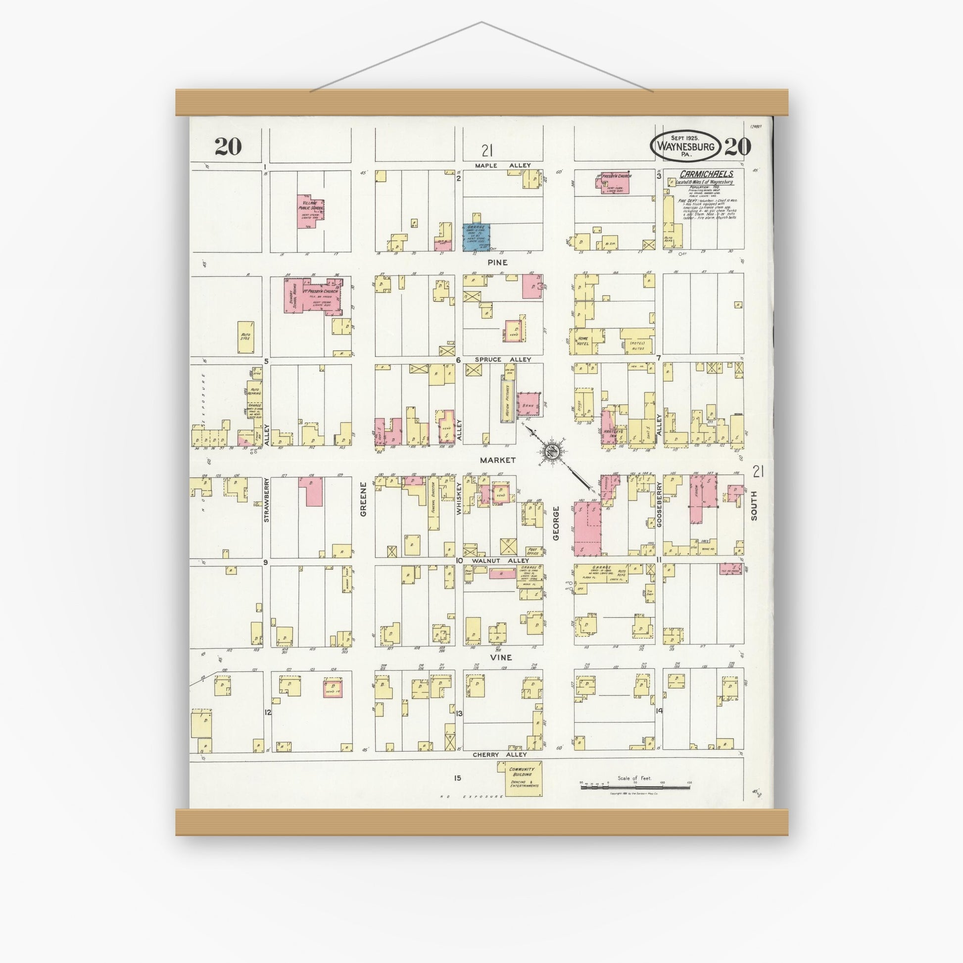 Old map wall art mockup — magnetic wood frame on white wall — Sanborn Fire Insurance Map from Waynesburg, Greene County, Pennsylvania (1925), Sheet #0020