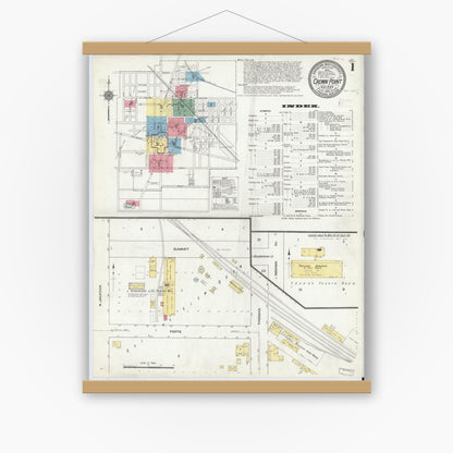 Old map wall art mockup — magnetic wood frame on white wall — Sanborn Fire Insurance Map from Crown Point, Lake County, Indiana (1910) - Complete Map Set