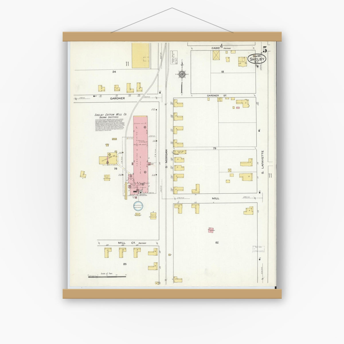 Old map wall art mockup — magnetic wood frame on white wall — Sanborn Fire Insurance Map from Shelby, Cleveland County, North Carolina (1916), Sheet #0005
