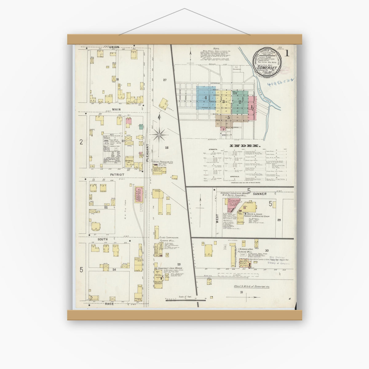 Old map wall art mockup — magnetic wood frame on white wall — Sanborn Fire Insurance Map from Somerset, Somerset County, Pennsylvania (1897), Sheet #0001