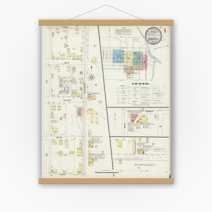 Old map wall art mockup — magnetic wood frame on white wall — Sanborn Fire Insurance Map from Somerset, Somerset County, Pennsylvania (1897), Sheet #0001
