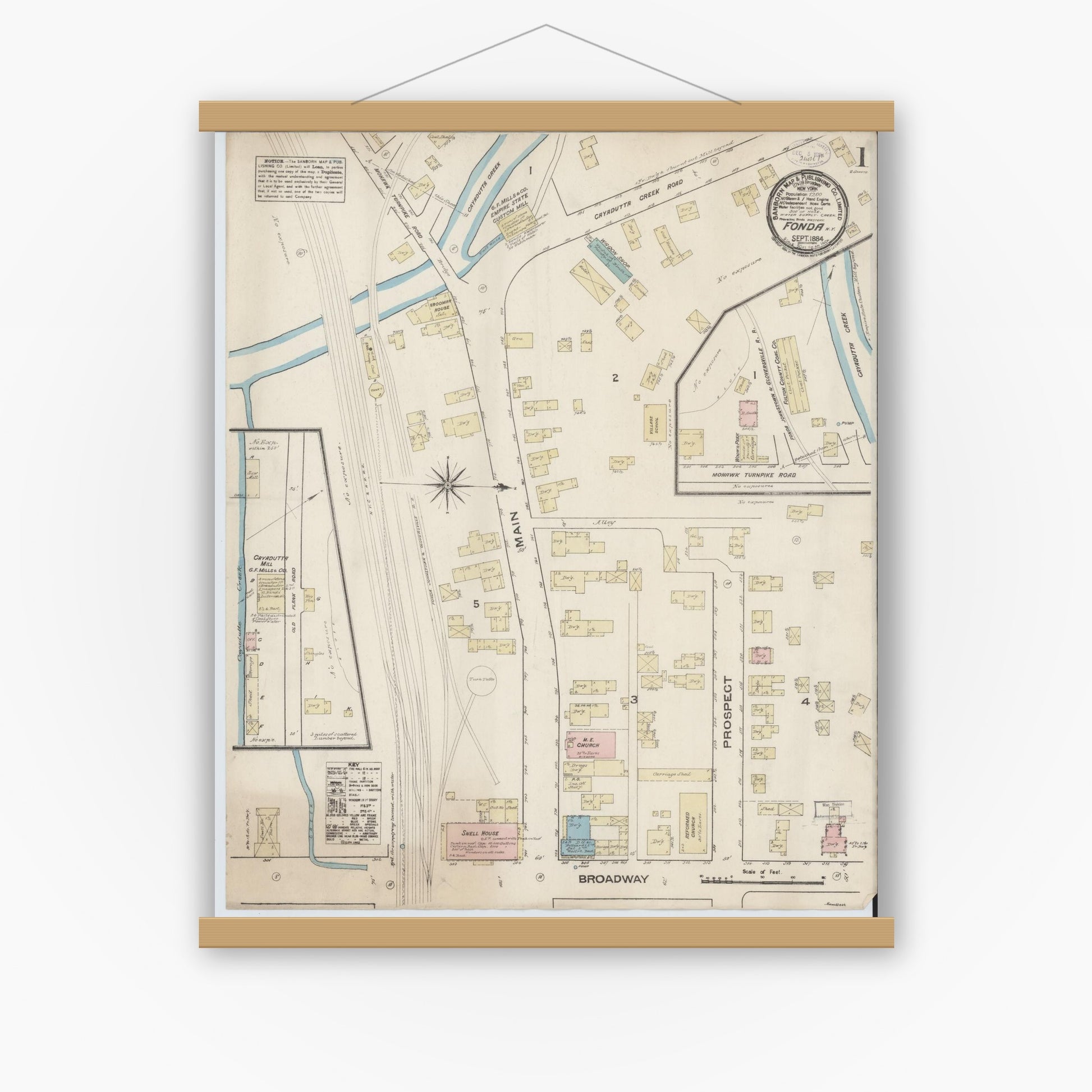 Old map wall art mockup — magnetic wood frame on white wall — Sanborn Fire Insurance Map from Fonda, Montgomery County, New York (1884) - Complete Map Set