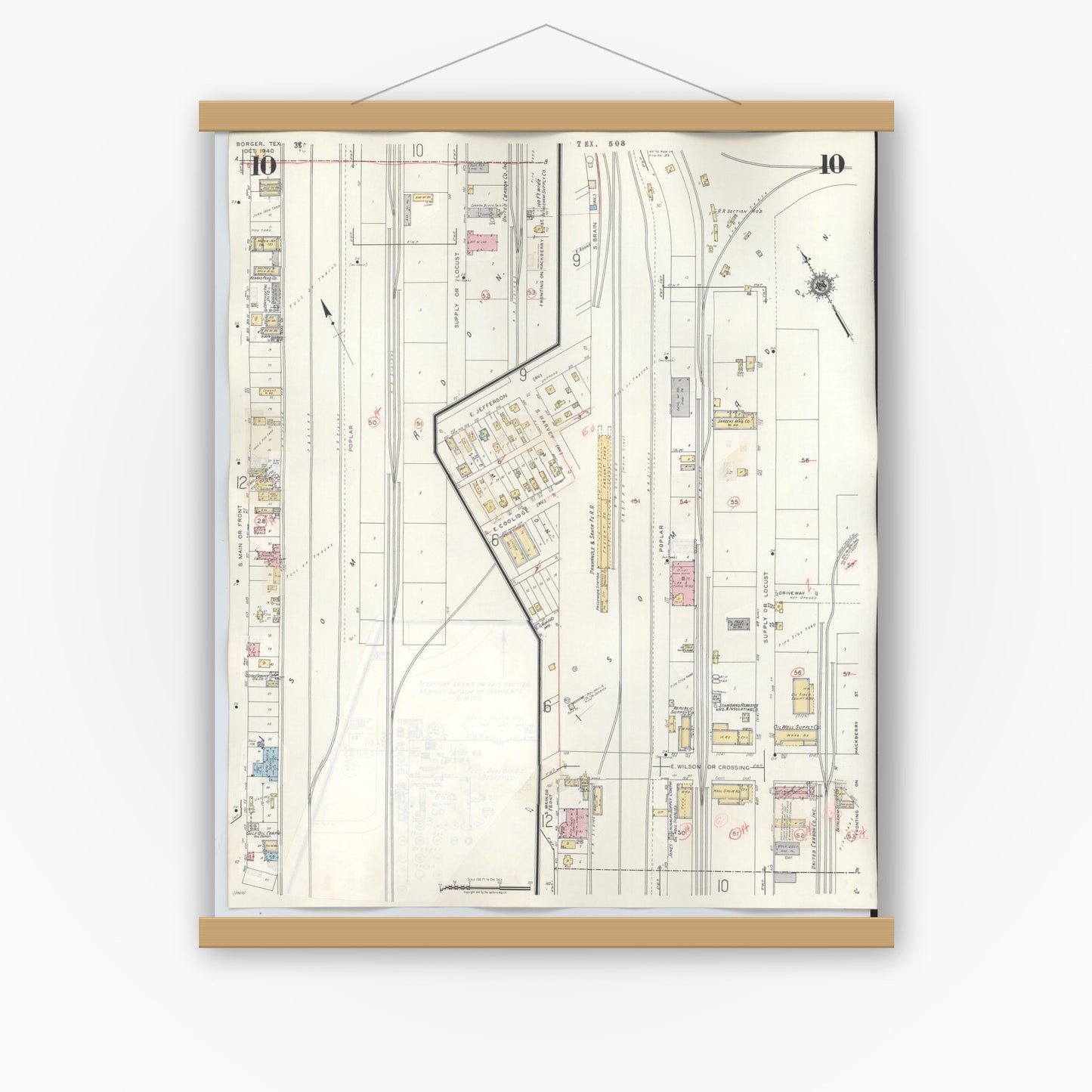 Old map wall art mockup — magnetic wood frame on white wall — Sanborn Fire Insurance Map from Borger, Hutchinson County, Texas (1950), Sheet #0010