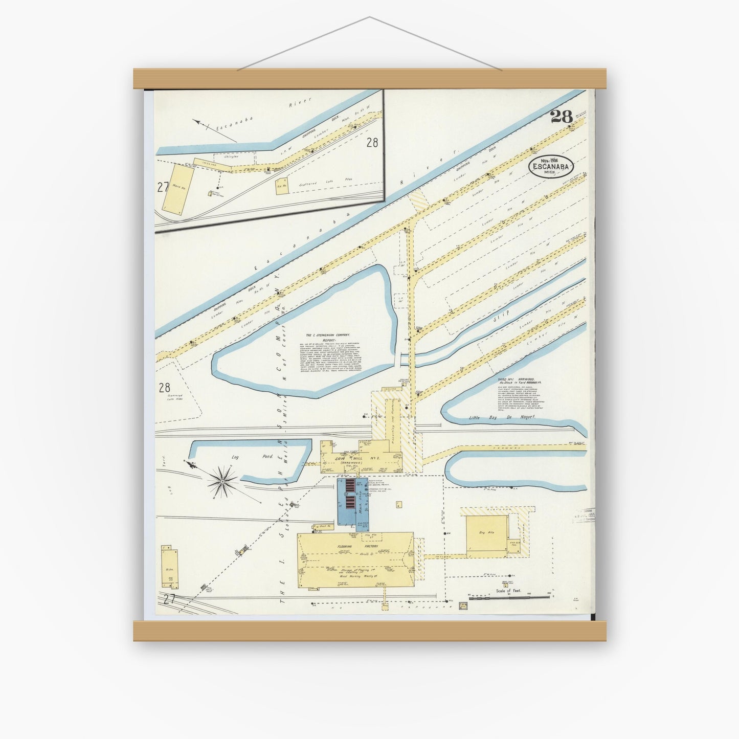 Old map wall art mockup — magnetic wood frame on white wall — Sanborn Fire Insurance Map from Escanaba, Delta County, Michigan (1906), Sheet #0028