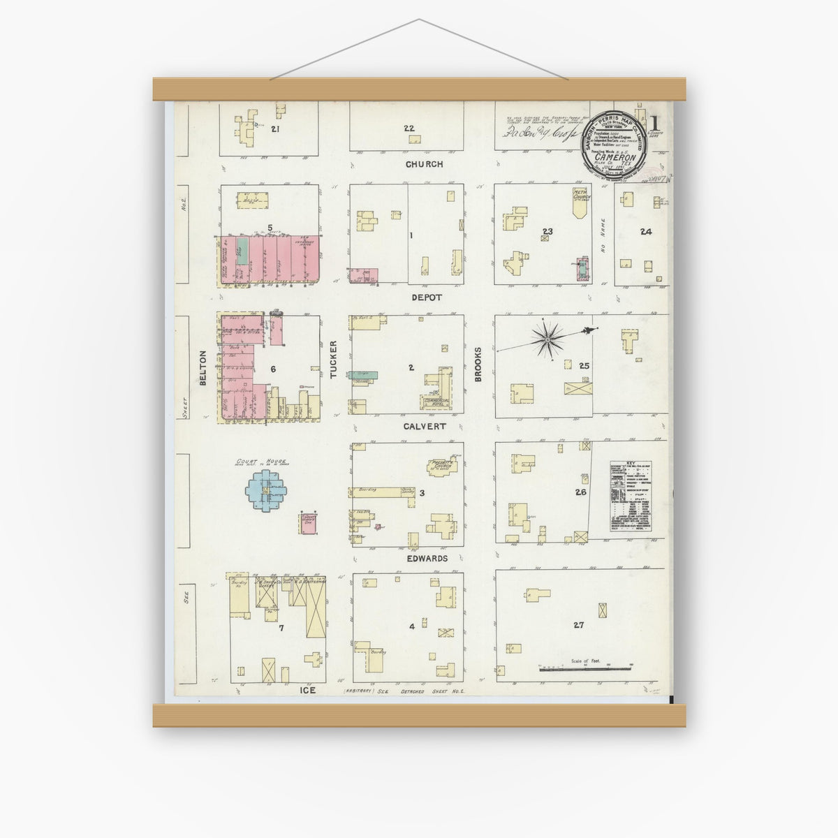 Old map wall art mockup — magnetic wood frame on white wall — Sanborn Fire Insurance Map from Cameron, Milam County, Texas (1891) - Complete Map Set