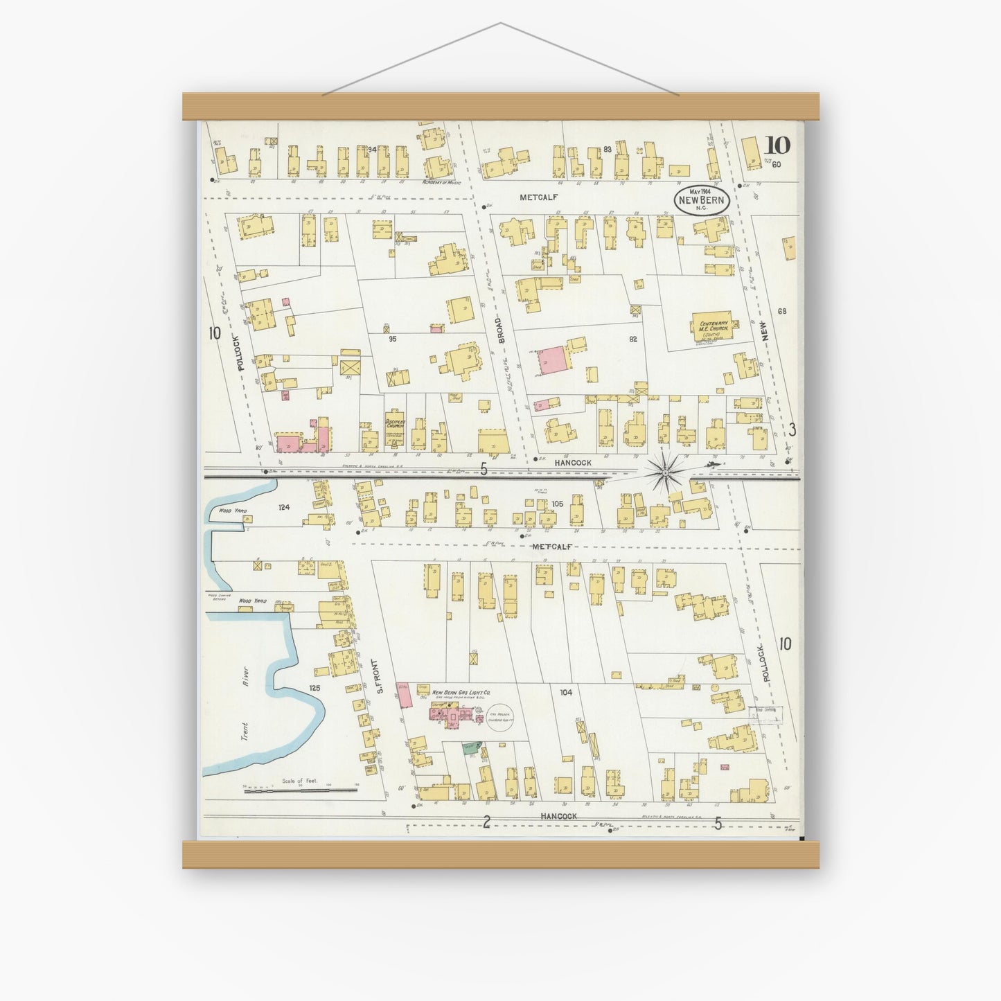 Old map wall art mockup — magnetic wood frame on white wall — Sanborn Fire Insurance Map from New Bern, Craven County, North Carolina (1904), Sheet #0010