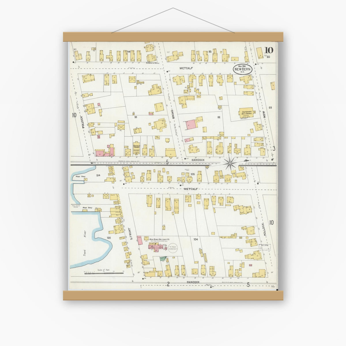 Old map wall art mockup — magnetic wood frame on white wall — Sanborn Fire Insurance Map from New Bern, Craven County, North Carolina (1904), Sheet #0010