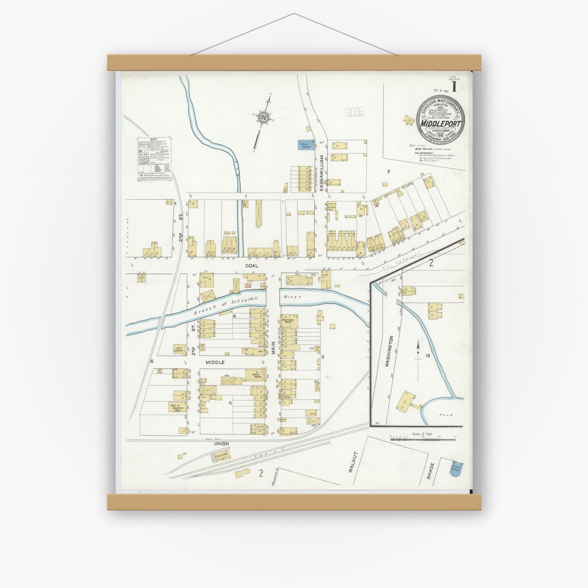 Old map wall art mockup — magnetic wood frame on white wall — Sanborn Fire Insurance Map from Middleport, Schuylkill County, Pennsylvania (1912) - Complete Map Set
