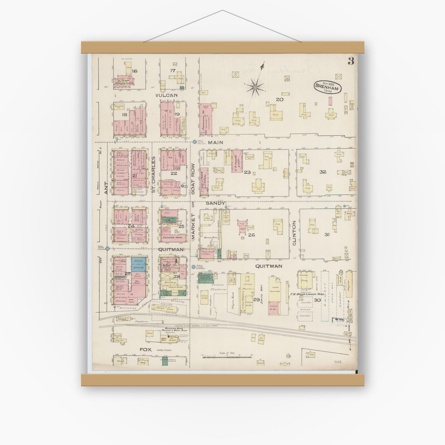 Old map wall art mockup — magnetic wood frame on white wall — Sanborn Fire Insurance Map from Brenham, Washington County, Texas (1885), Sheet #0003