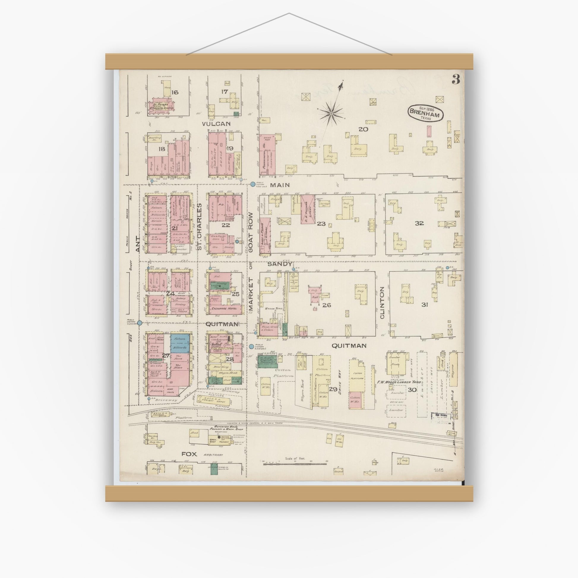 Old map wall art mockup — magnetic wood frame on white wall — Sanborn Fire Insurance Map from Brenham, Washington County, Texas (1885), Sheet #0003