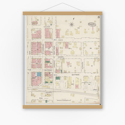 Old map wall art mockup — magnetic wood frame on white wall — Sanborn Fire Insurance Map from Brenham, Washington County, Texas (1885), Sheet #0003