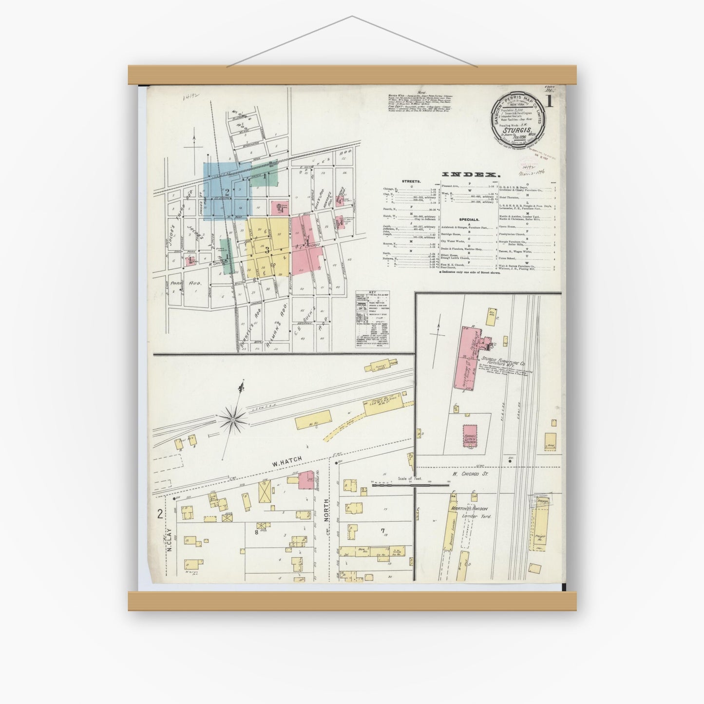Old map wall art mockup — magnetic wood frame on white wall — Sanborn Fire Insurance Map from Sturgis, Saint Joseph County, Michigan (1895) - Complete Map Set