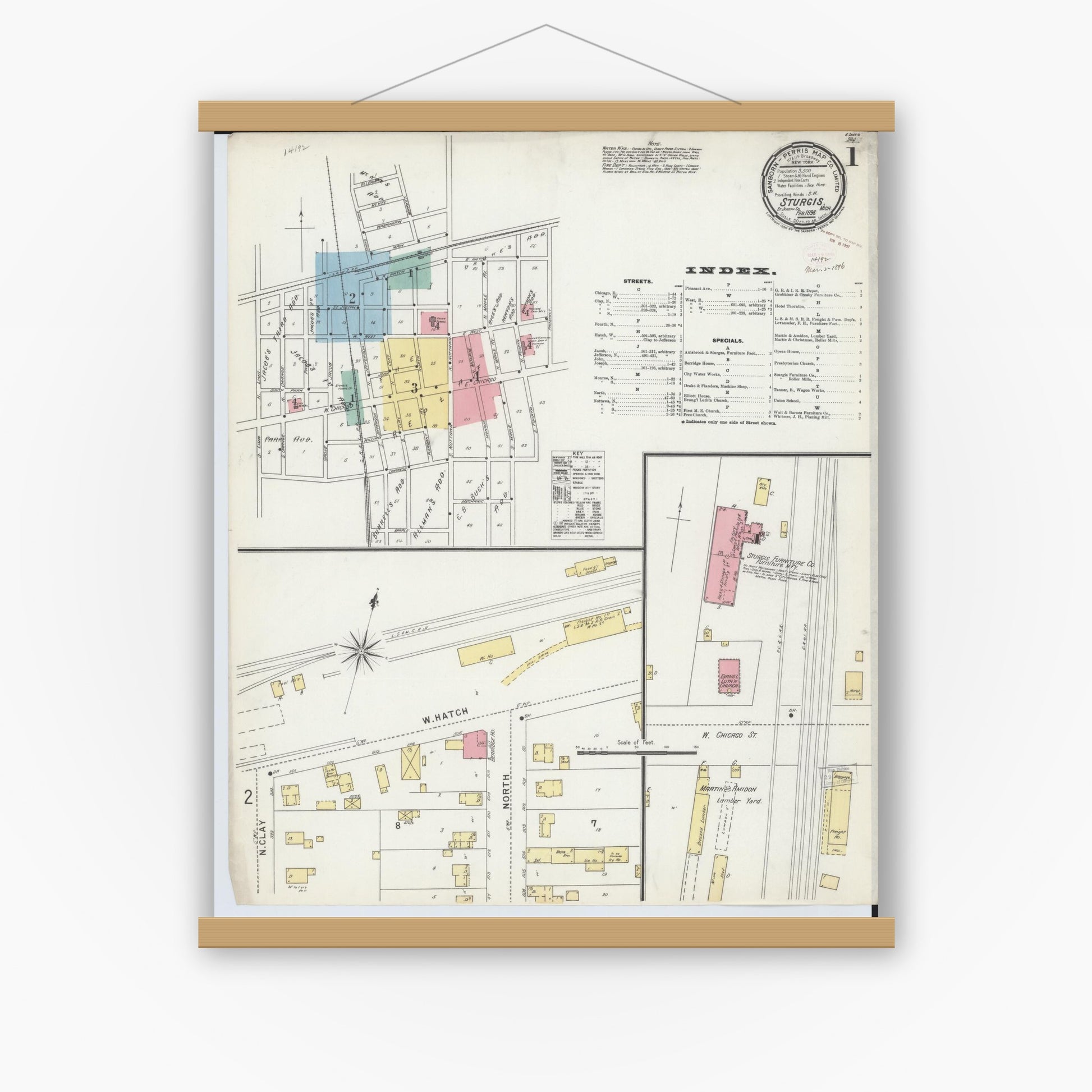 Old map wall art mockup — magnetic wood frame on white wall — Sanborn Fire Insurance Map from Sturgis, Saint Joseph County, Michigan (1895) - Complete Map Set