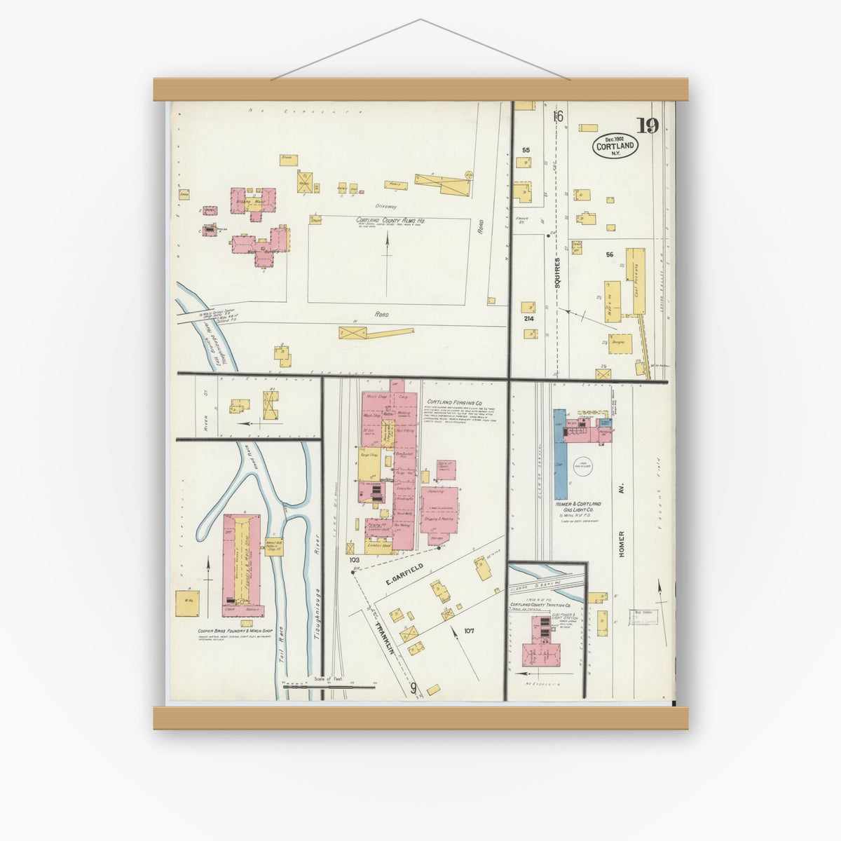 Old map wall art mockup — magnetic wood frame on white wall — Sanborn Fire Insurance Map from Cortland, Cortland County, New York (1902), Sheet #0019