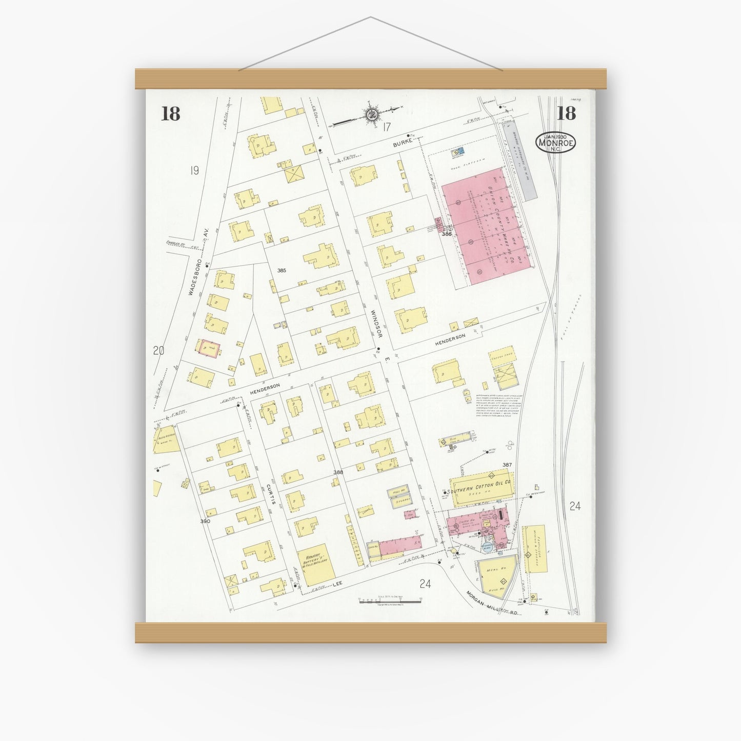 Old map wall art mockup — magnetic wood frame on white wall — Sanborn Fire Insurance Map from Monroe, Union County, North Carolina (1930), Sheet #0018
