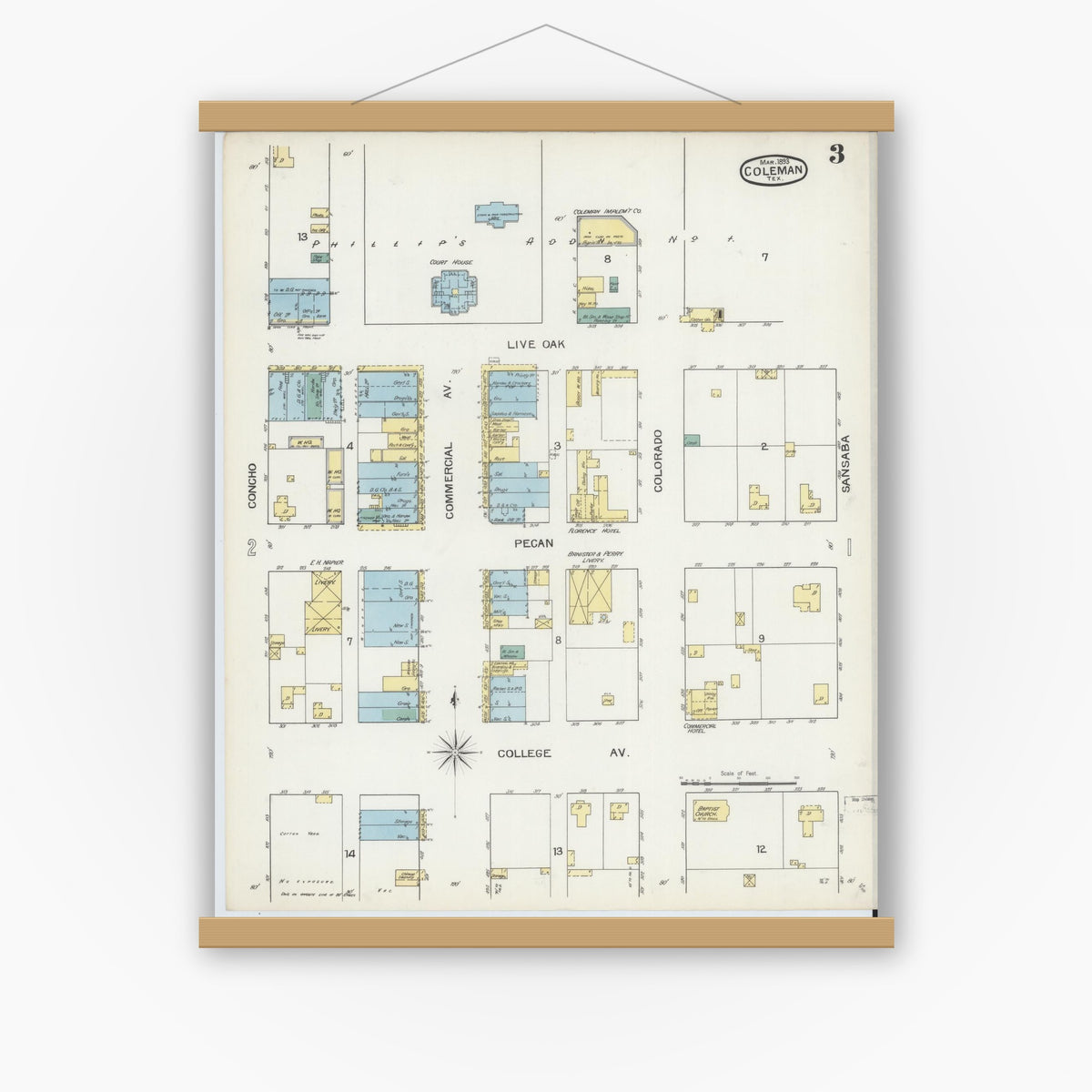 Old map wall art mockup — magnetic wood frame on white wall — Sanborn Fire Insurance Map from Coleman, Coleman County, Texas (1893), Sheet #0003