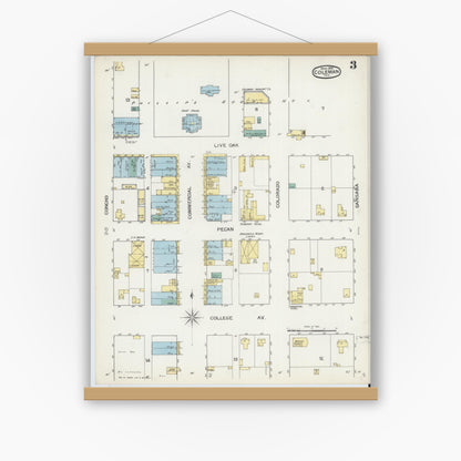 Old map wall art mockup — magnetic wood frame on white wall — Sanborn Fire Insurance Map from Coleman, Coleman County, Texas (1893), Sheet #0003
