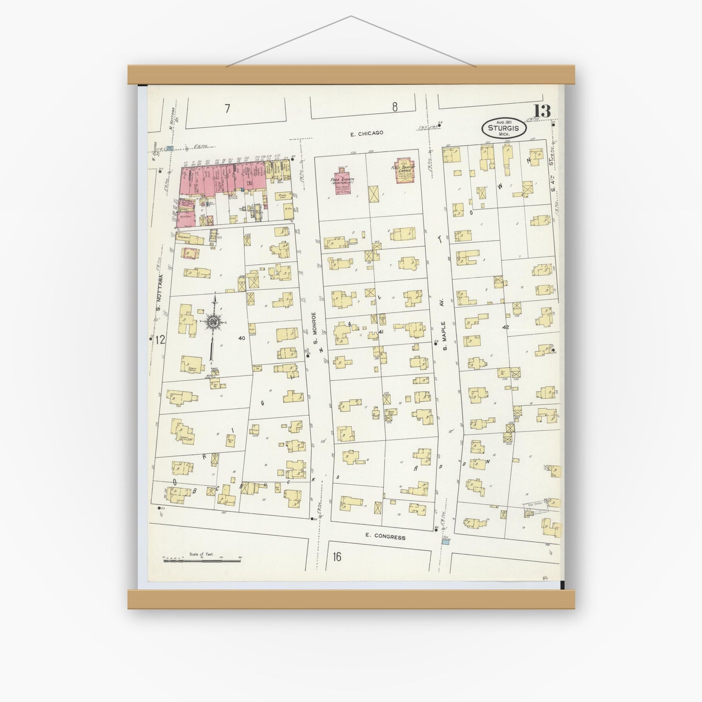 Old map wall art mockup — magnetic wood frame on white wall — Sanborn Fire Insurance Map from Sturgis, Saint Joseph County, Michigan (1911), Sheet #0013
