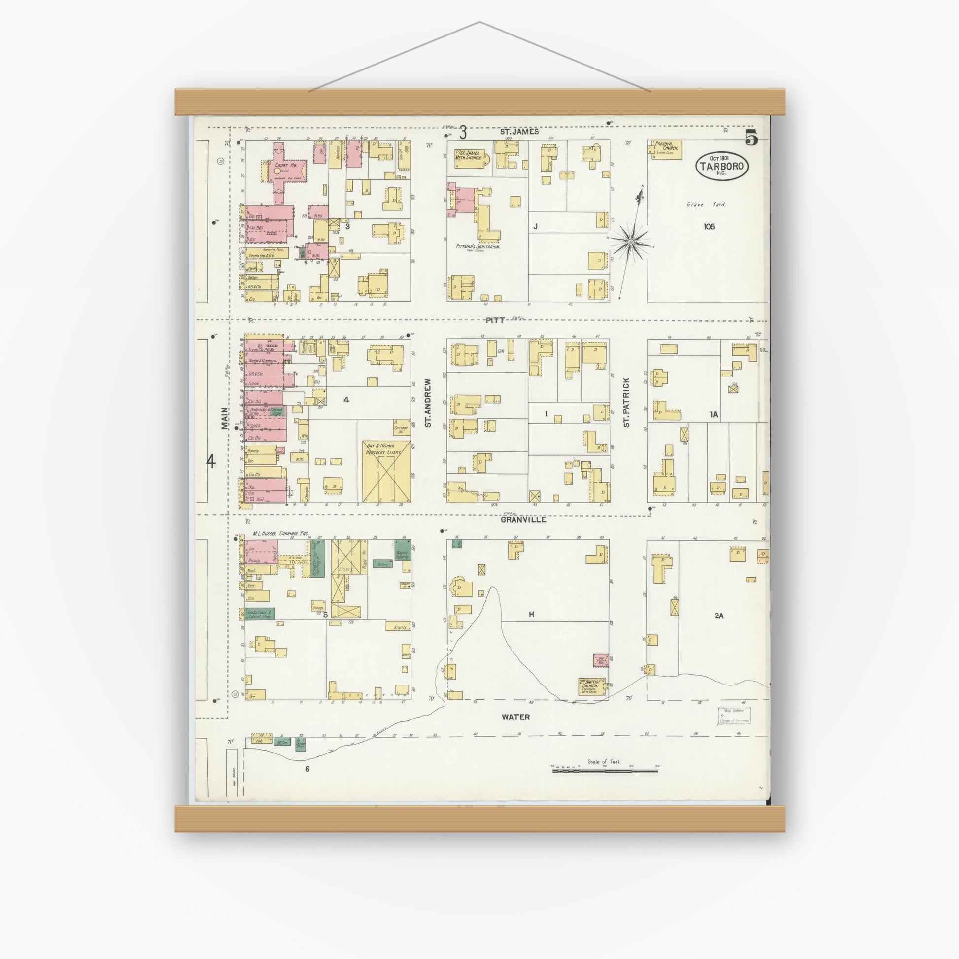 Old map wall art mockup — magnetic wood frame on white wall — Sanborn Fire Insurance Map from Tarboro, Edgecombe County, North Carolina (1901), Sheet #0005