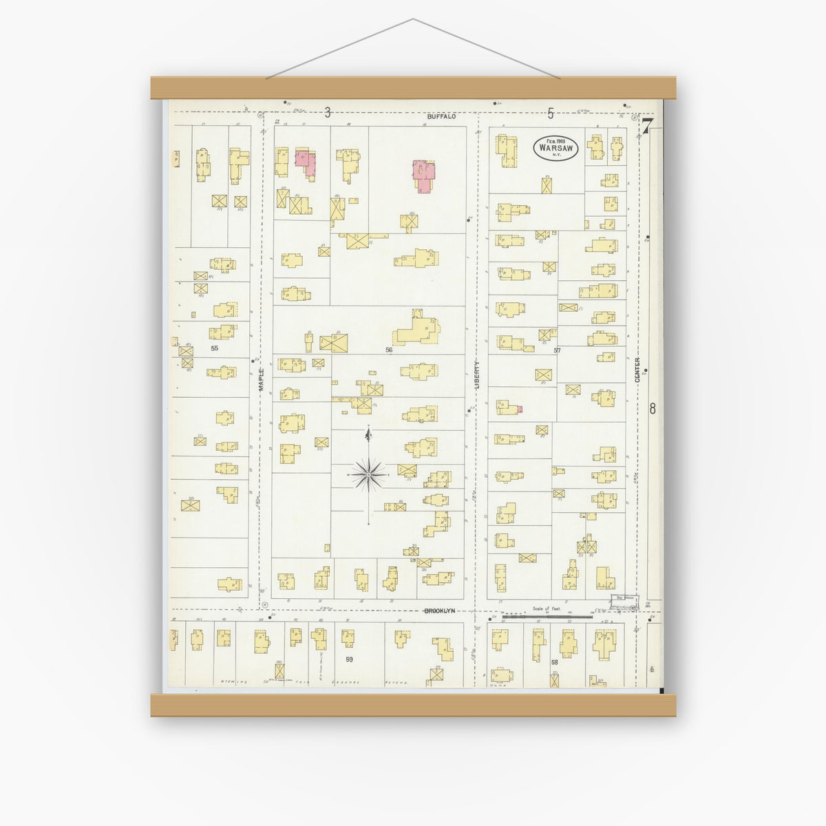Old map wall art mockup — magnetic wood frame on white wall — Sanborn Fire Insurance Map from Warsaw, Wyoming County, New York (1903), Sheet #0007