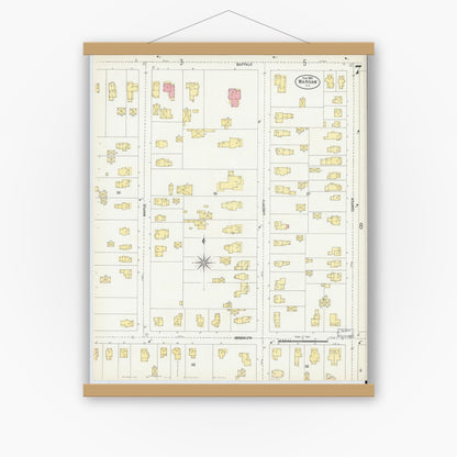 Old map wall art mockup — magnetic wood frame on white wall — Sanborn Fire Insurance Map from Warsaw, Wyoming County, New York (1903), Sheet #0007