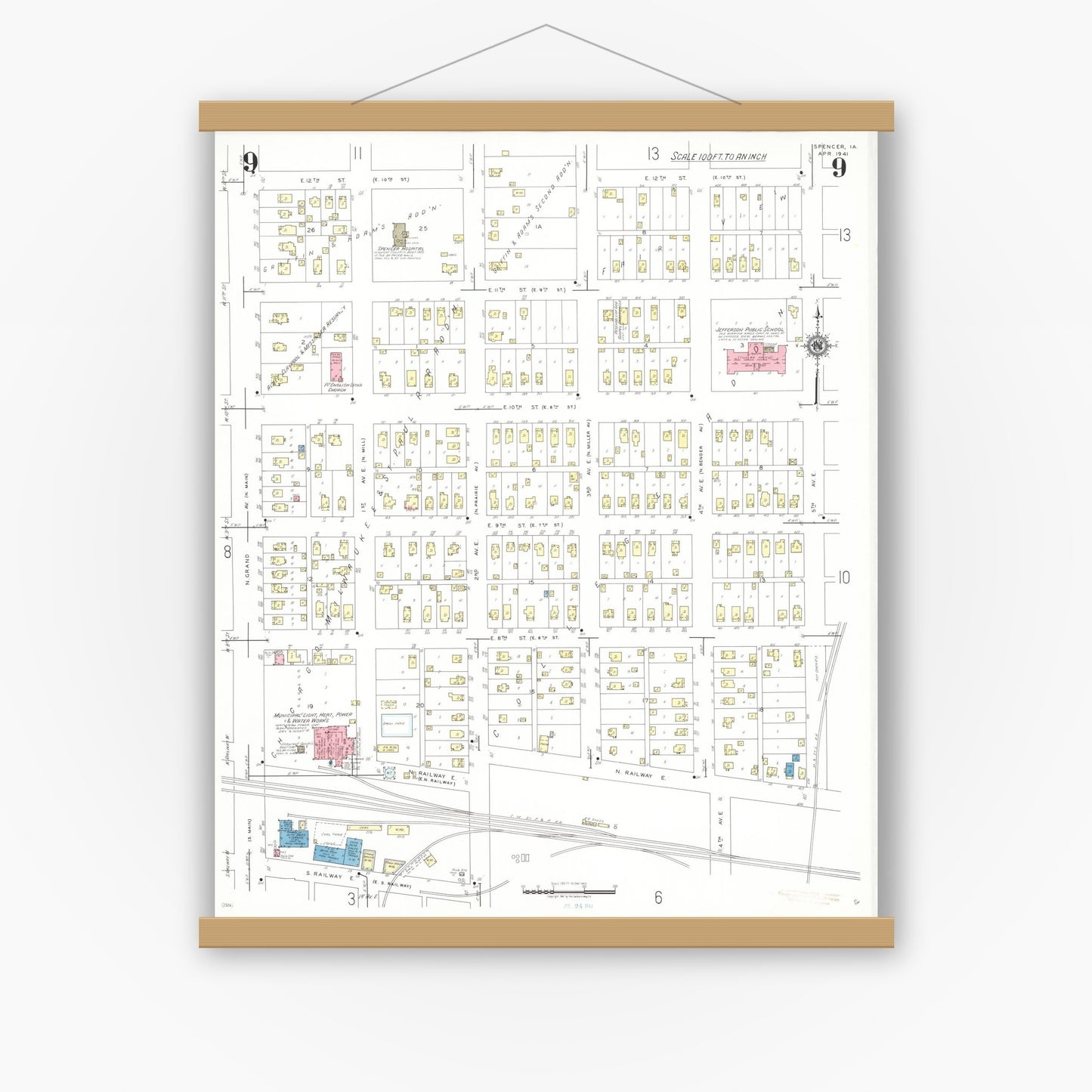 Old map wall art mockup — magnetic wood frame on white wall — Sanborn Fire Insurance Map from Spencer, Clay County, Iowa (1941), Sheet #0009