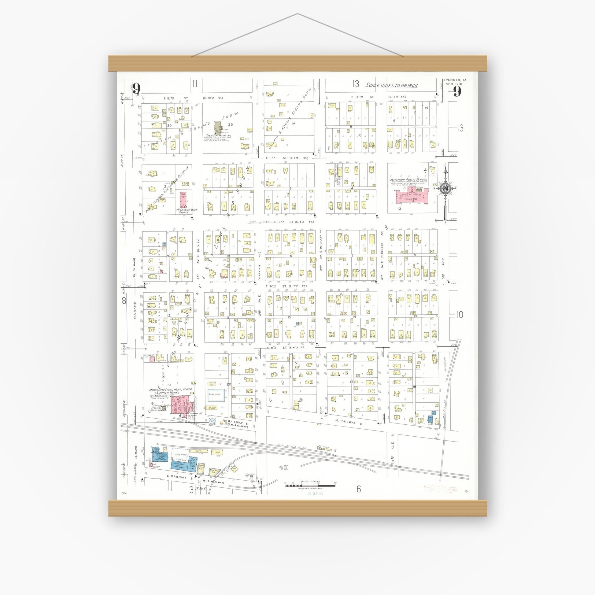Old map wall art mockup — magnetic wood frame on white wall — Sanborn Fire Insurance Map from Spencer, Clay County, Iowa (1941), Sheet #0009