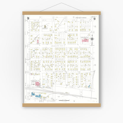 Old map wall art mockup — magnetic wood frame on white wall — Sanborn Fire Insurance Map from Spencer, Clay County, Iowa (1941), Sheet #0009