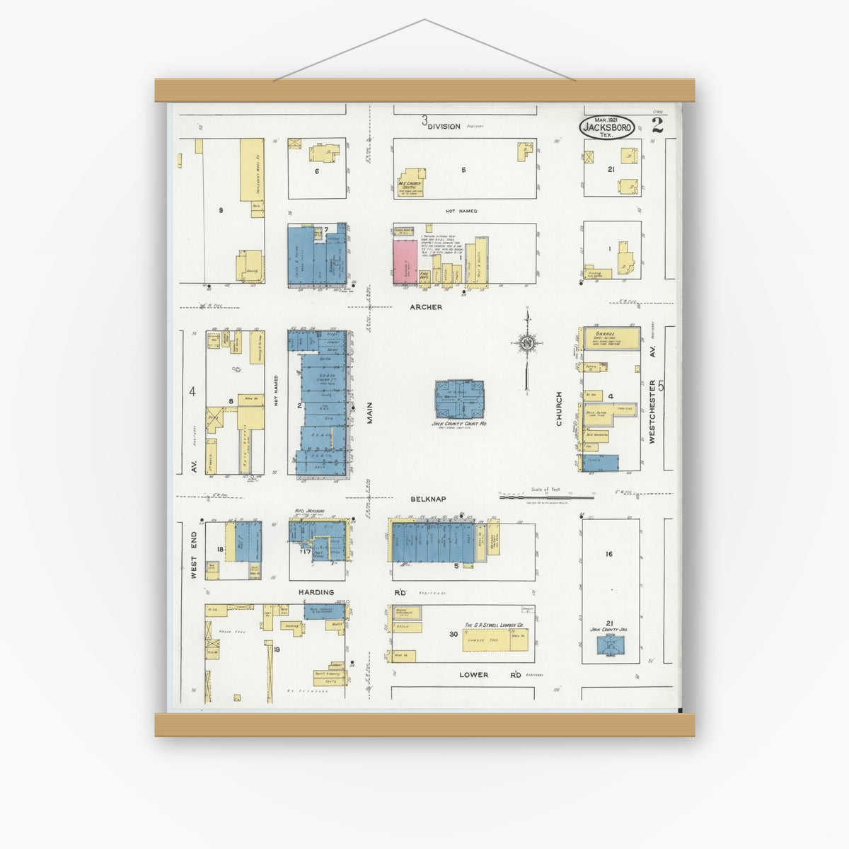 Old map wall art mockup — magnetic wood frame on white wall — Sanborn Fire Insurance Map from Jacksboro, Jack County, Texas (1921), Sheet #0002