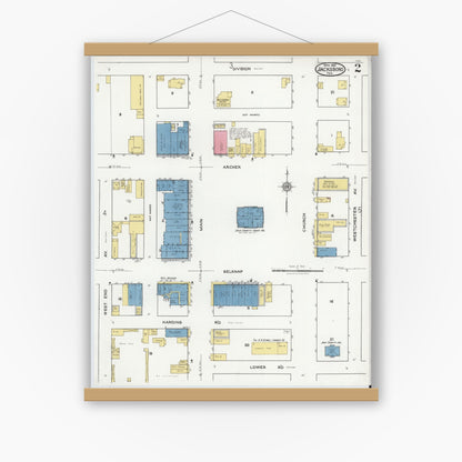 Old map wall art mockup — magnetic wood frame on white wall — Sanborn Fire Insurance Map from Jacksboro, Jack County, Texas (1921), Sheet #0002