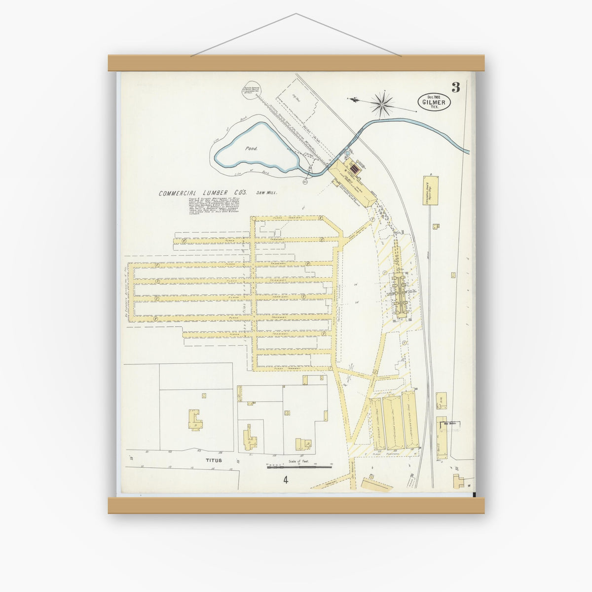 Old map wall art mockup — magnetic wood frame on white wall — Sanborn Fire Insurance Map from Gilmer, Upshur County, Texas (1902), Sheet #0003