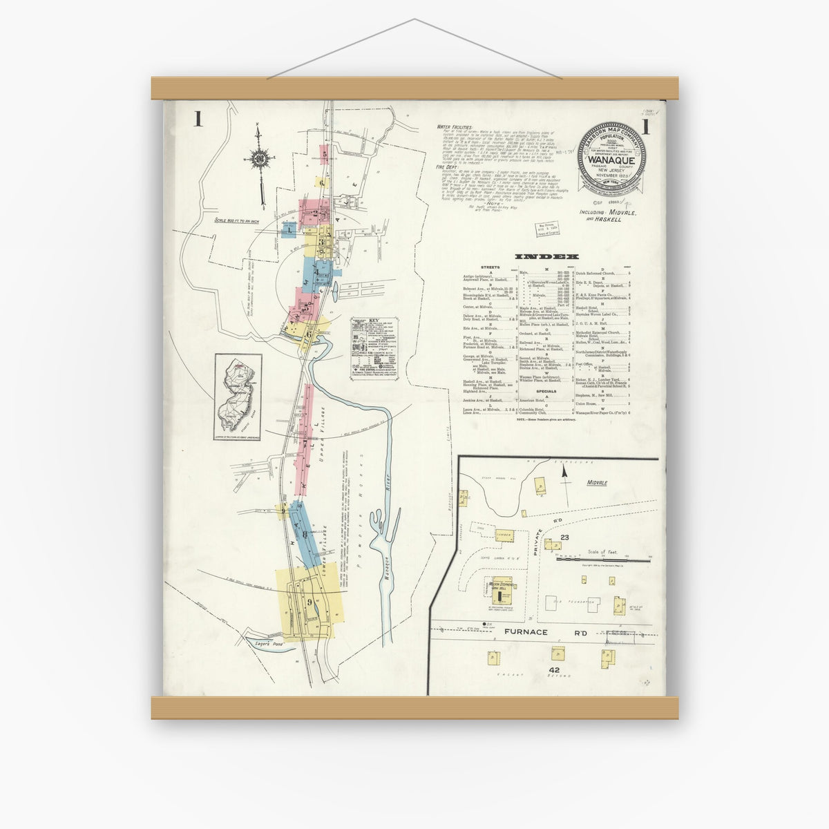 Old map wall art mockup — magnetic wood frame on white wall — Sanborn Fire Insurance Map from Wanaque, Passaic County, New Jersey (1923), Sheet #0001